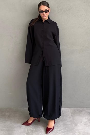 Siyah Oversize Gömlek Balon Pantolon Kadın Takım MG2779