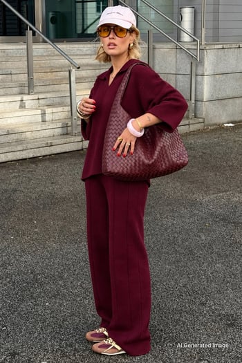 Bordo Rahat Kesim Dikiş Detaylı Kadın Triko Takım MG2584