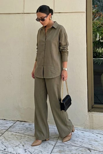 Haki Keten Kadın Gömlek Pantolon İkili Takım Mg2356