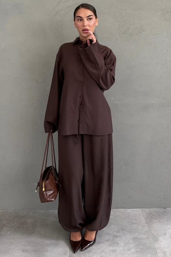 Kahverengi Oversize Gömlek Balon Pantolon Kadın Takım MG2779