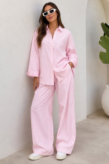 Pembe Çizgili Gömlek Pantolon Kadın Takım MG2457 