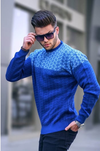 İndigo Desenli Erkek Örme Kazak 5977