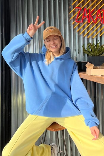 İndigo Kapüşonlu Şardonlu Oversize Sweatshirt MG1566