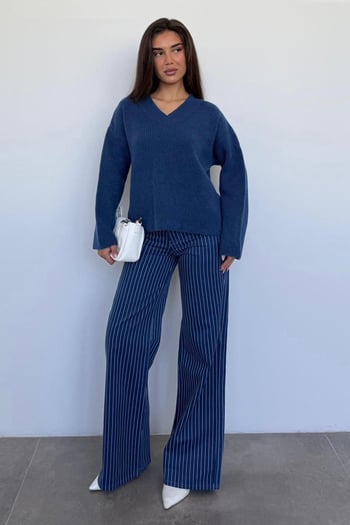 Lacivert Çizgili Kadın Jean Pantolon Mg2463