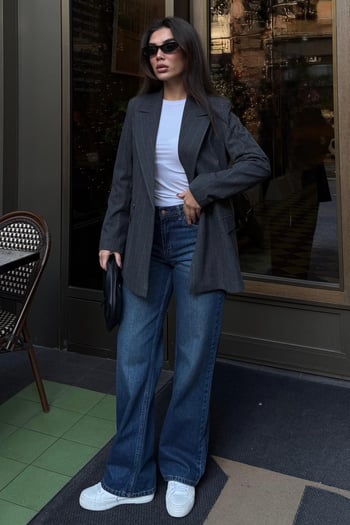 Mavi %100Pamuklu Geniş Paça Kadın Wide Leg Jean MG2623
