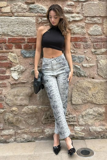 Antrasit Leopar Kadın Jean Pantolon MG2224