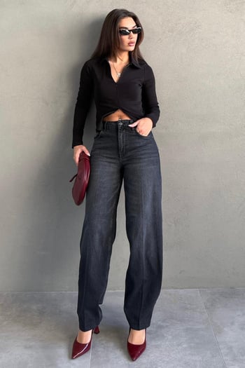 Antrasit Geniş Paça Yüksek Bel Kadın Wide Leg Jean MG2623