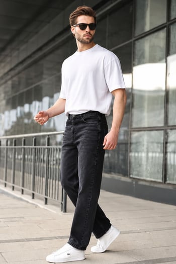 Siyah Erkek Yıkamalı Baggy Jean 7216