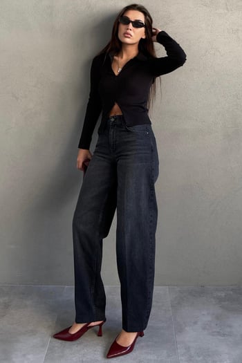 Antrasit Geniş Paça Yüksek Bel Kadın Wide Leg Jean MG2623
