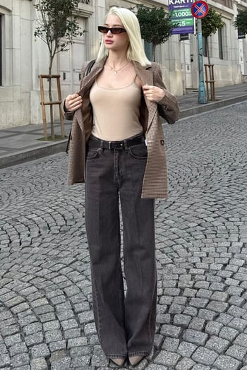 Kahverengi %100Pamuklu Geniş Paça Kadın Wide Leg Jean MG2623