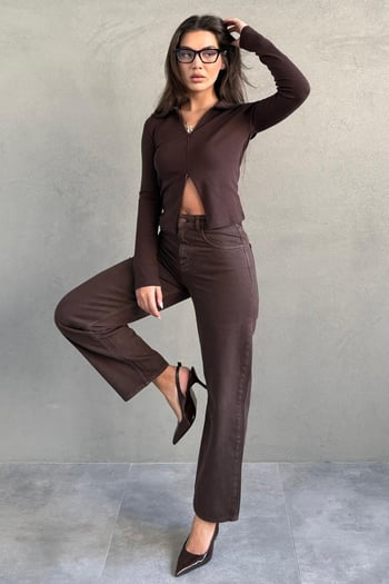 Kahverengi Yüksek Bel Mom Fit Kadın Jean MG2654