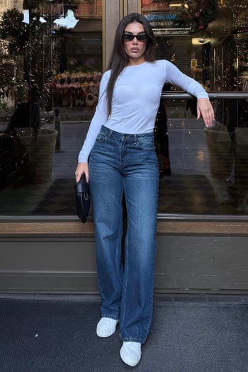 Mavi %100Pamuklu Geniş Paça Kadın Wide Leg Jean MG2623
