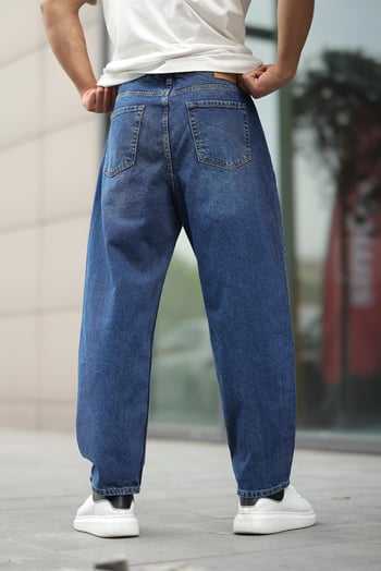 Koyu Mavi Erkek Yıkamalı Baggy Jean 7216