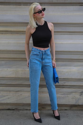 Mavi Yüksek Bel Kadın Mom Fit Pantolon Mg2389