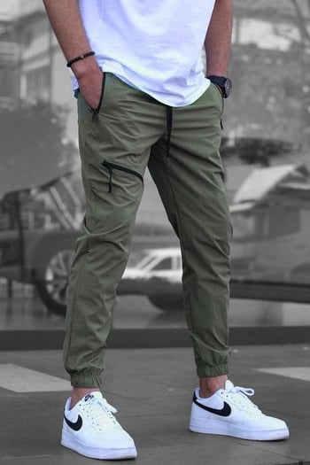 Haki Fermuar Detaylı Paraşüt Jogger Pantolon 