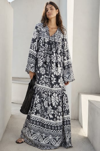 Siyah Oversize Desenli Uzun Elbise MG2055