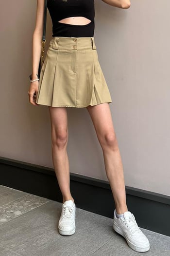 Women Beige Pleated Basic Mini Skirt 