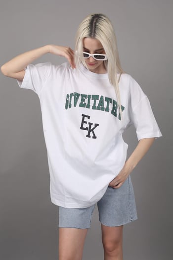 Kadın Beyaz Baskılı Oversize T-shirt MG1318