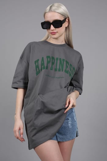 Women Printed Oversize Smoke Gray T-Shirt MG1230