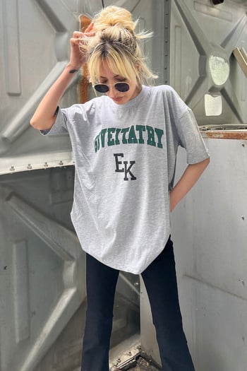 Kadın Gri Baskılı Oversize T-shirt MG1318