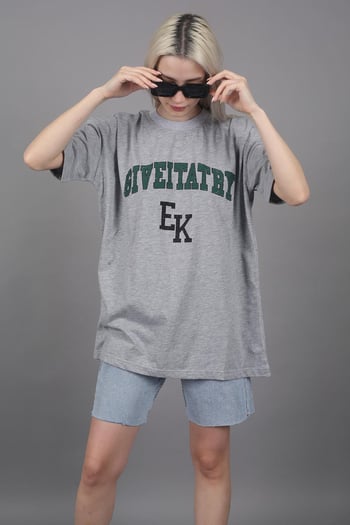 Kadın Gri Baskılı Oversize T-shirt MG1318