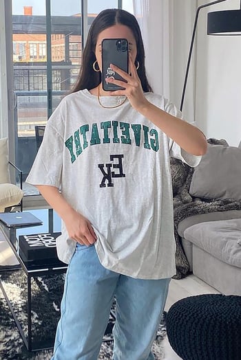 Kadın Gri Baskılı Oversize T-shirt MG1318