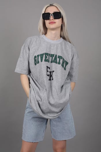 Kadın Gri Baskılı Oversize T-shirt MG1318