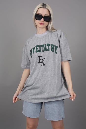 Kadın Gri Baskılı Oversize T-shirt MG1318