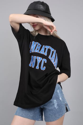 Women Printed Oversize Black T-Shirt Mg1231