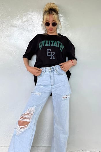 Kadın Siyah Baskılı Oversize T-shirt MG1318