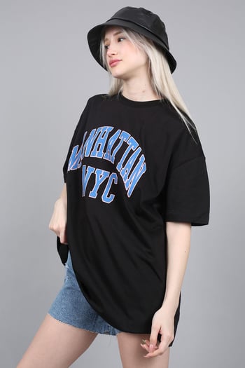 Women Printed Oversize Black T-Shirt Mg1231