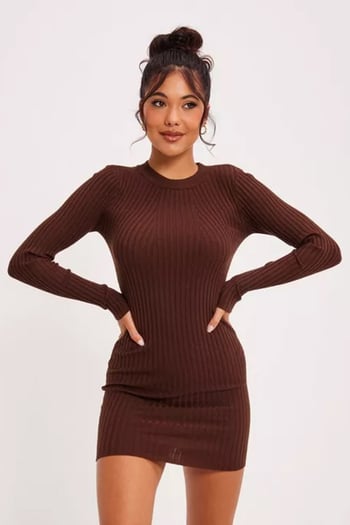 Kahverengi Bodycon Fitilli Mini Elbise MG1710