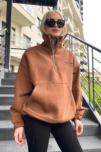 Kahverengi Dik Yaka Fermuarlı Kadın Sweatshirt MG1935