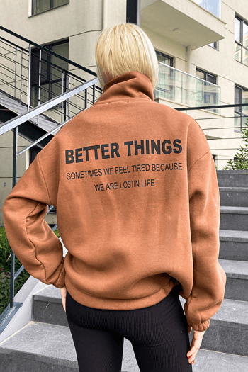 Kahverengi Dik Yaka Fermuarlı Kadın Sweatshirt MG1935