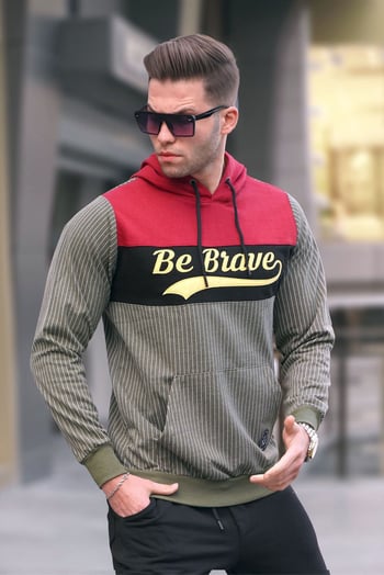Kapşonlu Çizgili Sweatshirt Haki 2815