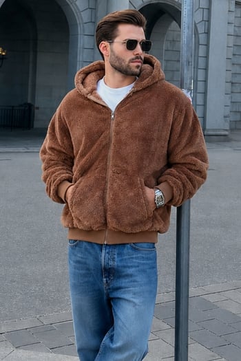 Kahverengi Peluş Over Fit Kapüşonlu Fermuarlı Erkek Sweatshirt 6049