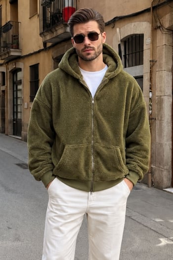 Haki Peluş Over Fit Kapüşonlu Fermuarlı Erkek Sweatshirt 6049