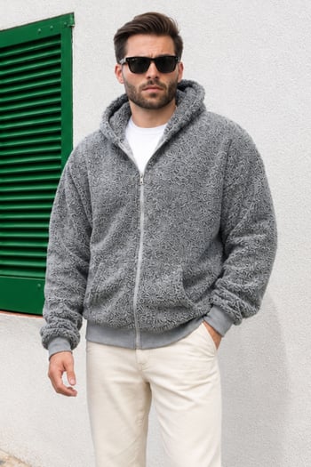 Gri Peluş Over Fit Kapüşonlu Fermuarlı Erkek Sweatshirt 6049