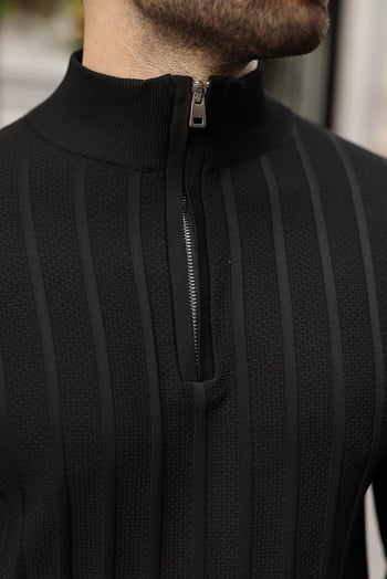 Siyah Slim Fit Hakim Yaka Fermuarlı Erkek Triko Kazak E7518  