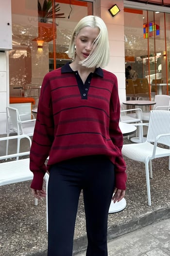 Bordo Rengi Çizgili Polo Yaka Kadın Kazak Mg2476