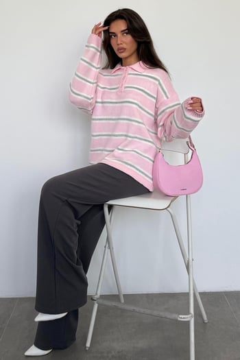 Pembe Polo Yaka Çizgili Kadın Triko Kazak Mg2469