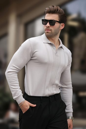 Gri Polo Yaka Çizgili Erkek Triko Kazak 7265