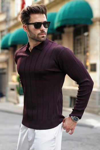Mürdüm Polo Yaka Desenli Over Fit Erkek Triko Kazak E7517