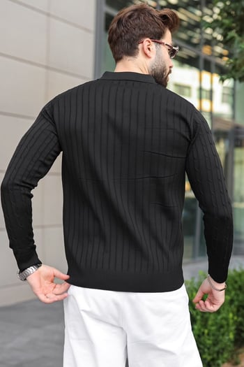 Siyah Polo Yaka Saç Örgü Desenli Erkek Triko Kazak E7519
