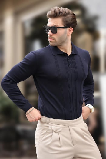 Lacivert Polo Yaka Çizgili Erkek Triko Kazak 7265