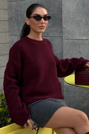 Bordo Bisiklet Yaka Örgü Desen Kadın Triko Kazak MG2601
