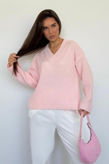 Pembe V Yaka Triko Kadın Kazak Mg2501