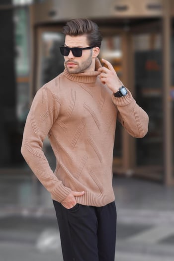 Camel Boğazlı Uzun Kollu Desenli Örme Kazak 7279