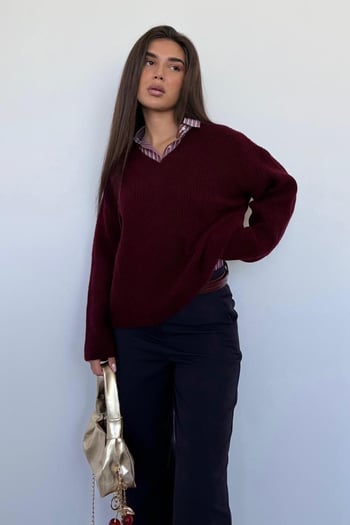 Bordo V Yaka Triko Kadın Kazak Mg2501