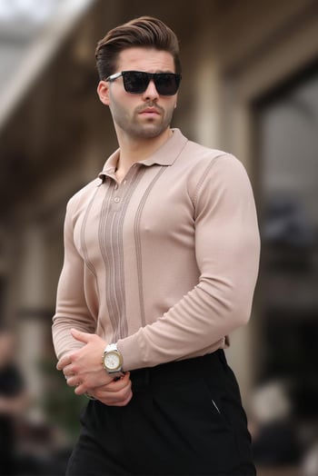 Bej Polo Yaka Çizgili Erkek Triko Kazak 7265